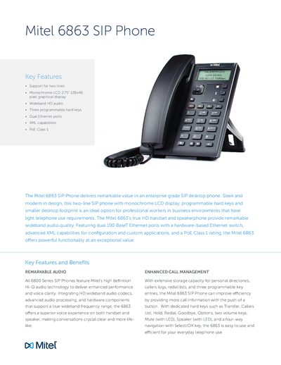 Mitel 6863 SIP Phone Product Data Sheet - cover page