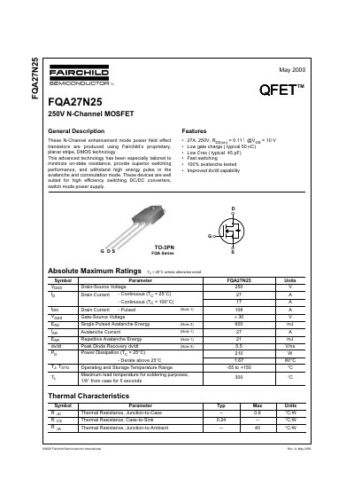 Fairchild FQA27N25 250V N-Channel MOSFET Datasheet - cover page