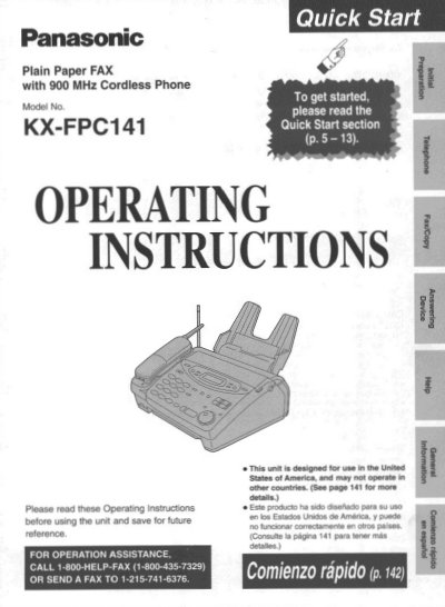 Panasonic KX-FPC141 Plain Paper FAX with 900 MHz Cordless Phone Operating Instructions - cover page
