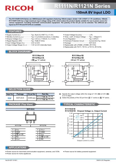 Ricoh R1111N/R1121N Series CMOS LDO Regulator Datasheet - cover page