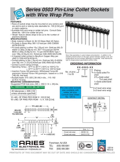 Aries 0503 Series Pin-Line Collet Sockets with Wire Wrap Pins Product Data Sheet - cover page
