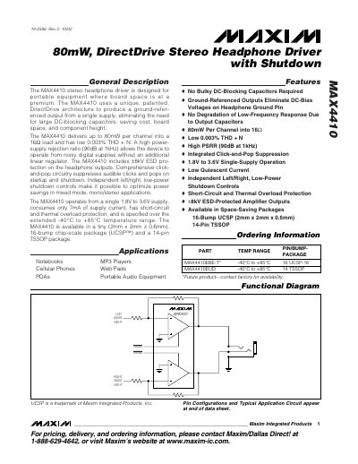 Maxim MAX4410 Stereo Headphone Driver Datasheet - cover page