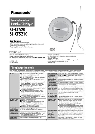 Panasonic SL-CT520 Portable CD Player Operating Instructions - cover page