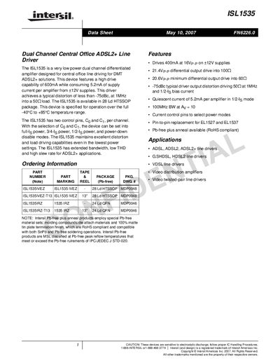 Intersil ISL1535 Dual Channel ADSL2+ Line Driver Datasheet - cover page