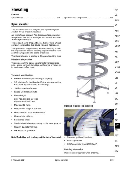 FlexLink Spiral Elevator Compact X85 Product Leaflet - cover page