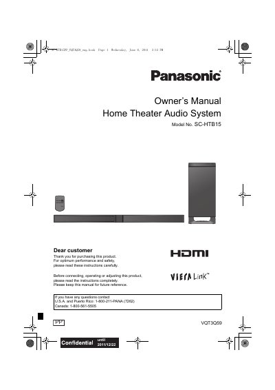 Panasonic SC-HTB15PP Home Theater Audio System Owner's Manual - cover page