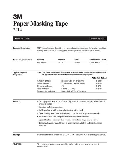 3M 2214 Paper Masking Tape Technical Data - cover page