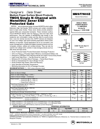 Motorola MMSF7N03Z EZFET Power MOSFET Designer's Data Sheet - cover page