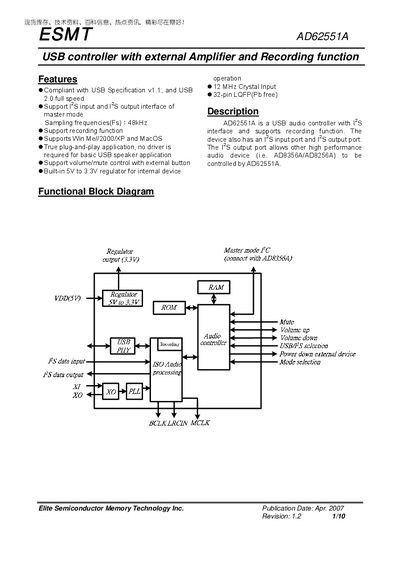ESMT AD62551A USB Controller Manual - cover page