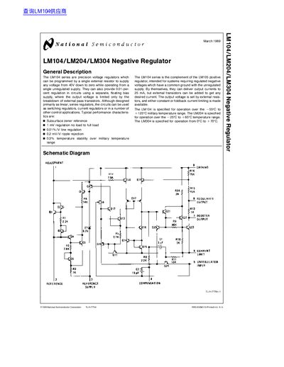 National Semiconductor LM104/LM204/LM304 Negative Regulator Datasheet - cover page