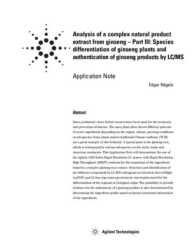 Agilent 1200 Series LC/MS Application Note for Ginseng Analysis - cover page