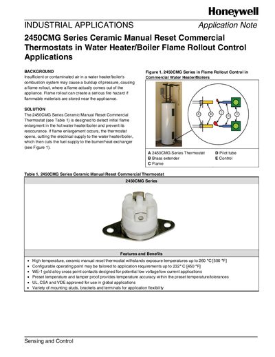 Honeywell 2450CMG Series Ceramic Manual Reset Commercial Thermostat Application Note - cover page