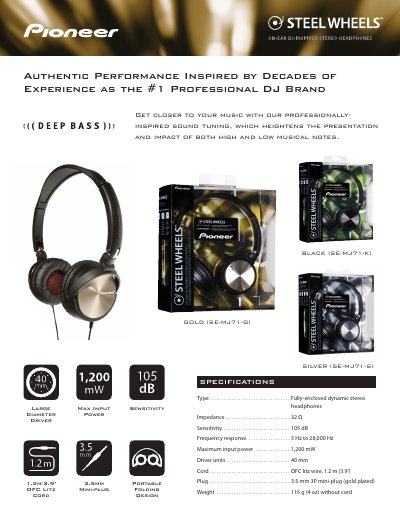 Pioneer SE-MJ71 Steel Wheels On-Ear Stereo Headphones Product Leaflet - cover page