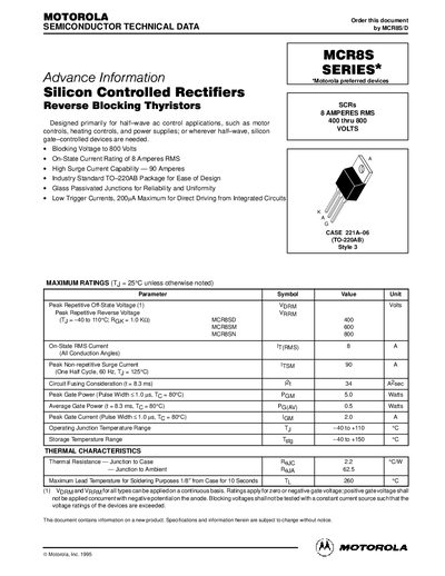Motorola MCR8S Series Silicon Controlled Rectifiers Datasheet - cover page
