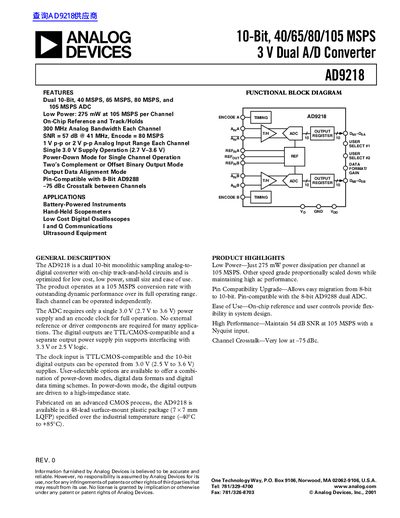 ANALOG DEVICES 10-Bit 40/65/80/105 MSPS 3 V Dual A/D Converter AD9218 handbook