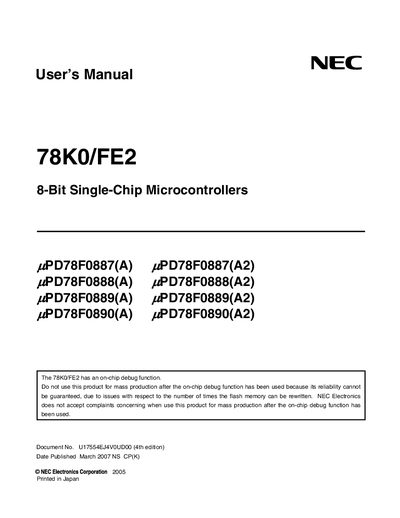 NEC 78K0/FE2 8-Bit Single-Chip Microcontrollers PD78F0887(A) PD78F0887(A2) PD78F0888(A) PD78F0888(A2) PD78F0889(A) PD78F0889(A2) PD78F0890(A) PD78F0890(A2) Man - cover page