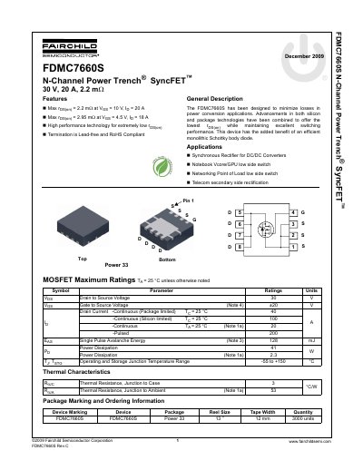 Fairchild Semiconductor FDMC7660S N-Channel Power Trench SyncFET Datasheet - cover page