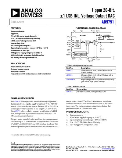Analog Devices AD5791 Voltage Output DAC Data Sheet - cover page