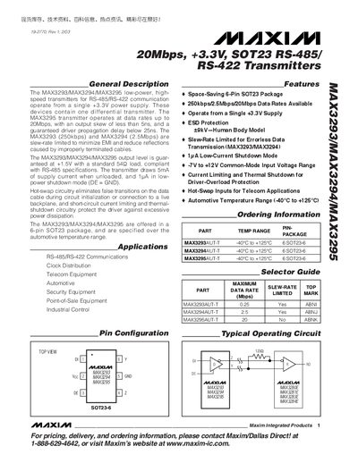 Maxim MAX3293/MAX3294/MAX3295 RS-485/RS-422 Transmitter Datasheet - cover page