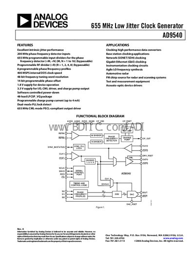 Analog Devices AD9540 Clock Generator Handbook - cover page