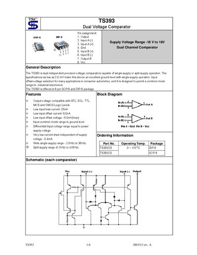 TSC TS393 Dual Voltage Comparator Datasheet - cover page
