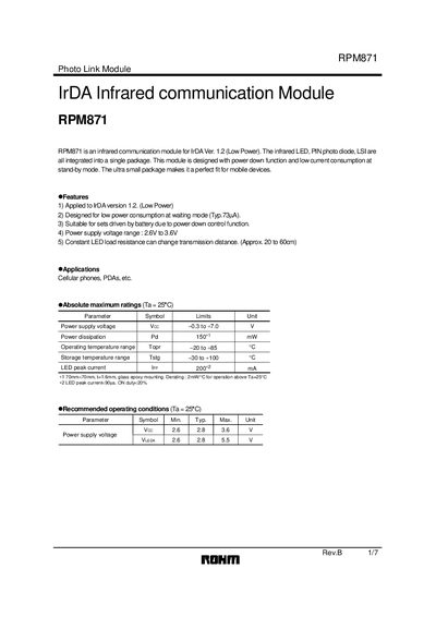 ROHM RPM871 Infrared Photo Link Module Datasheet - cover page