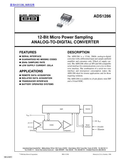 Burr-Brown ADS1286 12-Bit Micro Power Sampling Analog-to-Digital Converter Datasheet - cover page