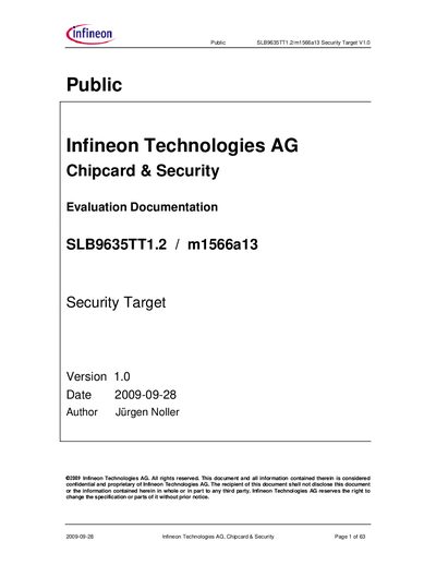 Infineon SLB9635TT1.2 Trusted Platform Module Security Target - cover page