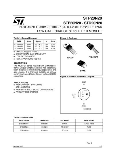 STMICROELECTRONICS STP20N20 STF20N20 - STD20N20 N-CHANNEL 200V - 0.10 - 18A TO-220/TO-220FP/DPAK LOW GATE CHARGE STripFET II MOSFET Manual - cover page