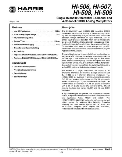 Harris HI-506/507/508/509 CMOS Analog Multiplexer Datasheet - cover page