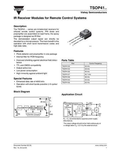 Vishay TSOP41 Series IR Receiver Module Datasheet - cover page