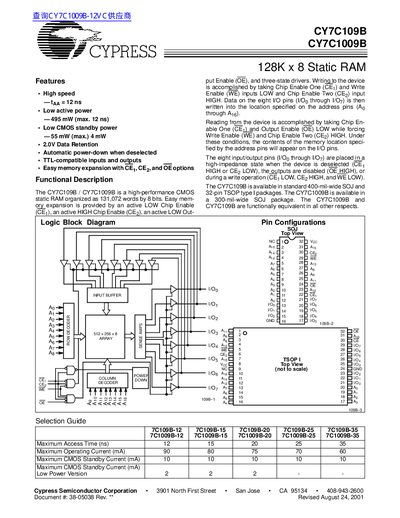 Cypress CY7C109B/CY7C1009B 128K x 8 SRAM Datasheet - cover page
