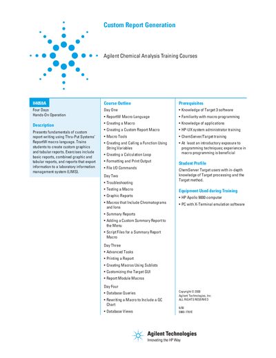 Agilent H4059A Custom Report Generation Training Course Handbook - cover page