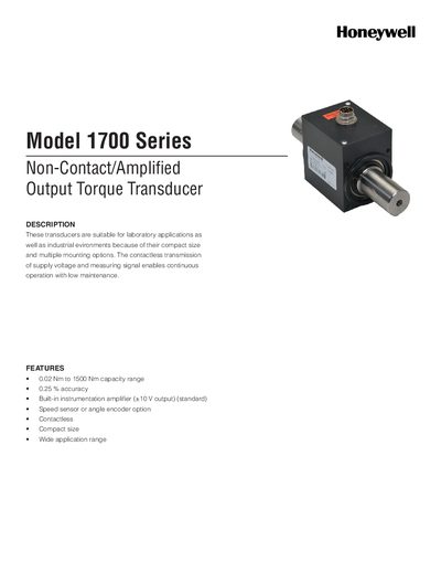 Honeywell 1700 Series Non-Contact Amplified Output Torque Transducer Datasheet - cover page