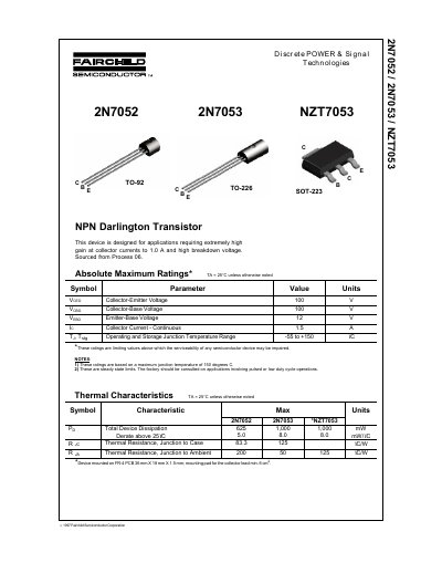 Fairchild 2N7052/2N7053/NZT7053 NPN Darlington Transistor Datasheet - cover page