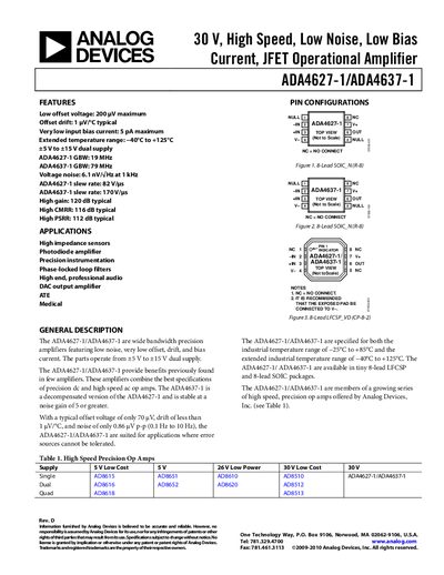 Analog Devices ADA4627-1/ADA4637-1 Operational Amplifier Datasheet - cover page