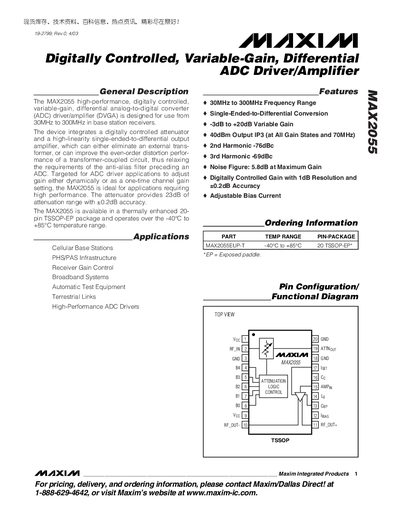 Maxim MAX2055 ADC Driver/Amplifier Datasheet - cover page