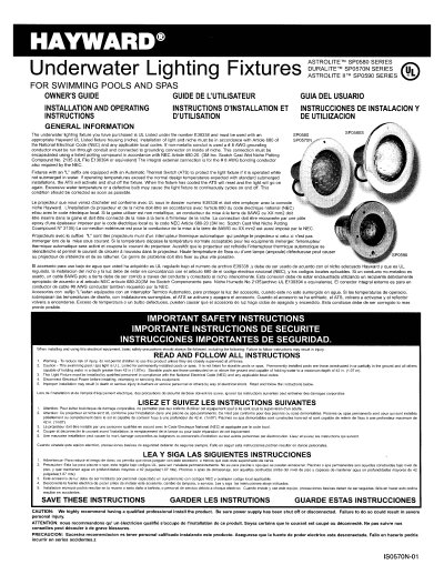 Hayward SP0580 Series Underwater Lighting Fixture Owner's Guide - cover page