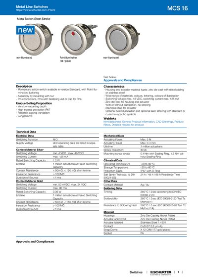 Schurter MCS 16 Metal Line Switch Datasheet - cover page