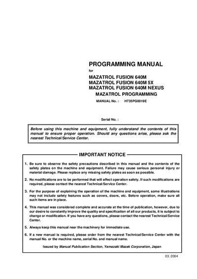 Mazak Fusion 640M Programming Manual - cover page