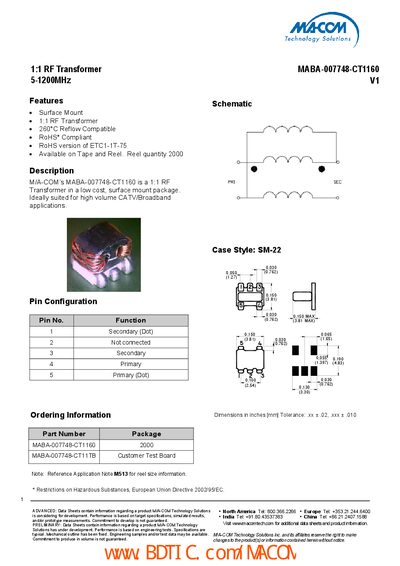 M/A-COM MABA-007748-CT1160 1:1 RF Transformer Data Sheet - cover page