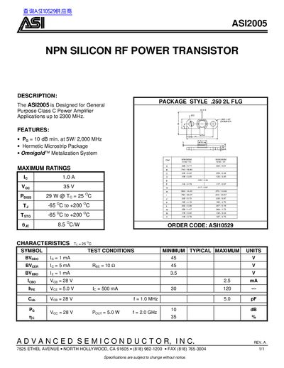 ASI ASI2005 NPN Silicon RF Power Transistor Datasheet - cover page