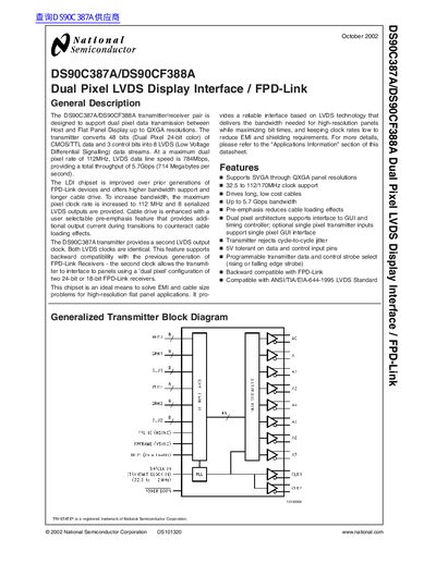 National Semiconductor DS90C387A/DS90CF388A Dual Pixel LVDS Display Interface Datasheet - cover page