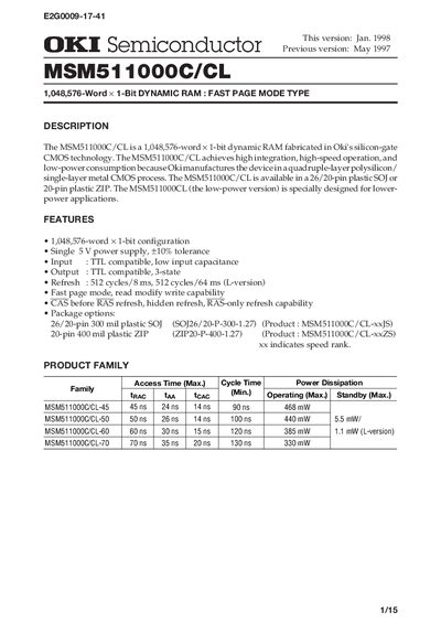 OKI Semiconductor MSM511000C/CL 1-Mbit Dynamic RAM Datasheet - cover page
