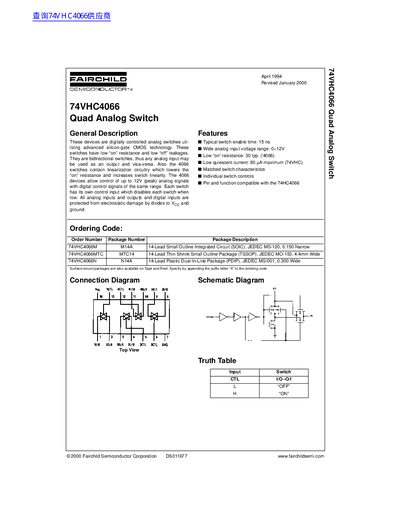 Fairchild Semiconductor 74VHC4066 Quad Analog Switch Datasheet - cover page