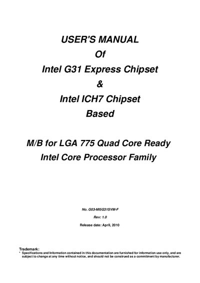 Intel G31 Express Chipset Intel ICH7 Chipset Based user manual - cover page