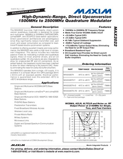 Maxim MAX2022 Quadrature Modulator Handbook - cover page