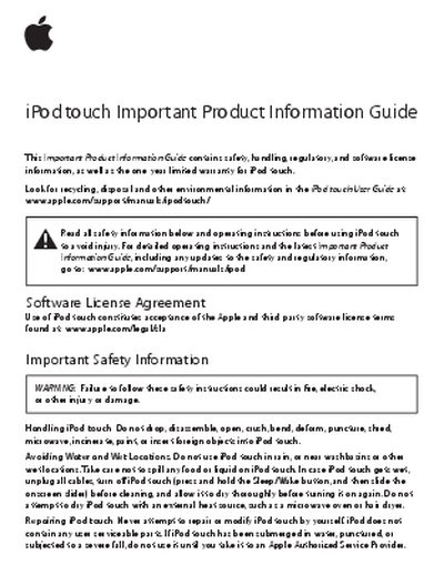 Apple iPod touch Important Product Information Safety Guide - cover page