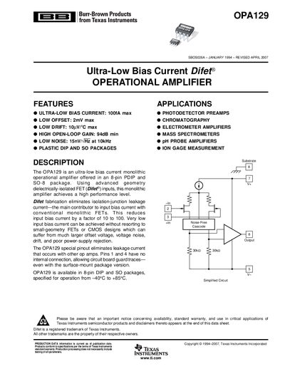 Texas Instruments OPA129 Ultra-Low Bias Current Operational Amplifier Datasheet - cover page