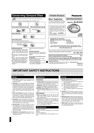 Panasonic SL-SV500 Portable CD Player Operating Instructions - cover page
